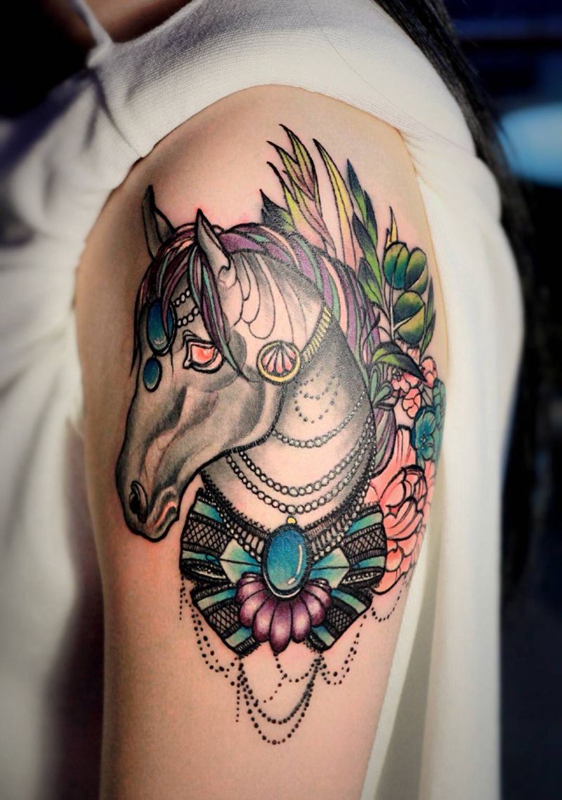 马纹身图片_成品手稿手臂手部欧美动物纹身图案