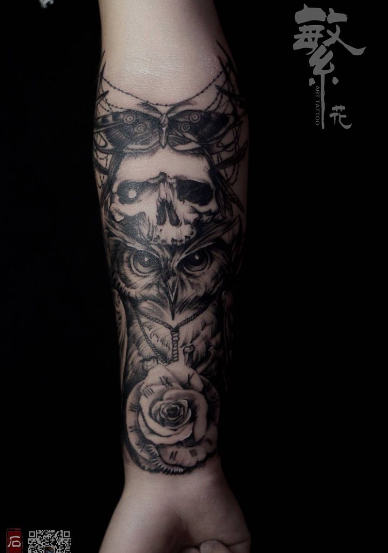 猫头鹰纹身图片_成品手稿手部手臂欧美写实动物原创图腾纹身图案