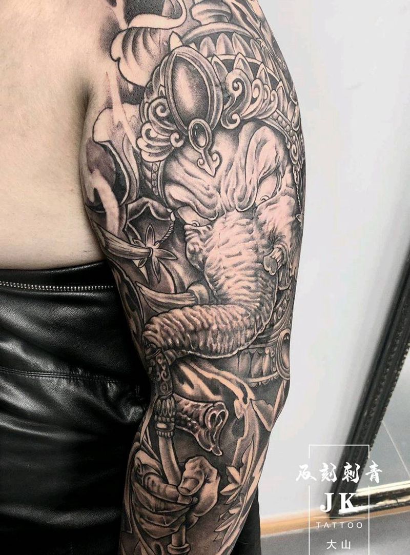 花臂象神纹身图片_手臂新传统纹身图案