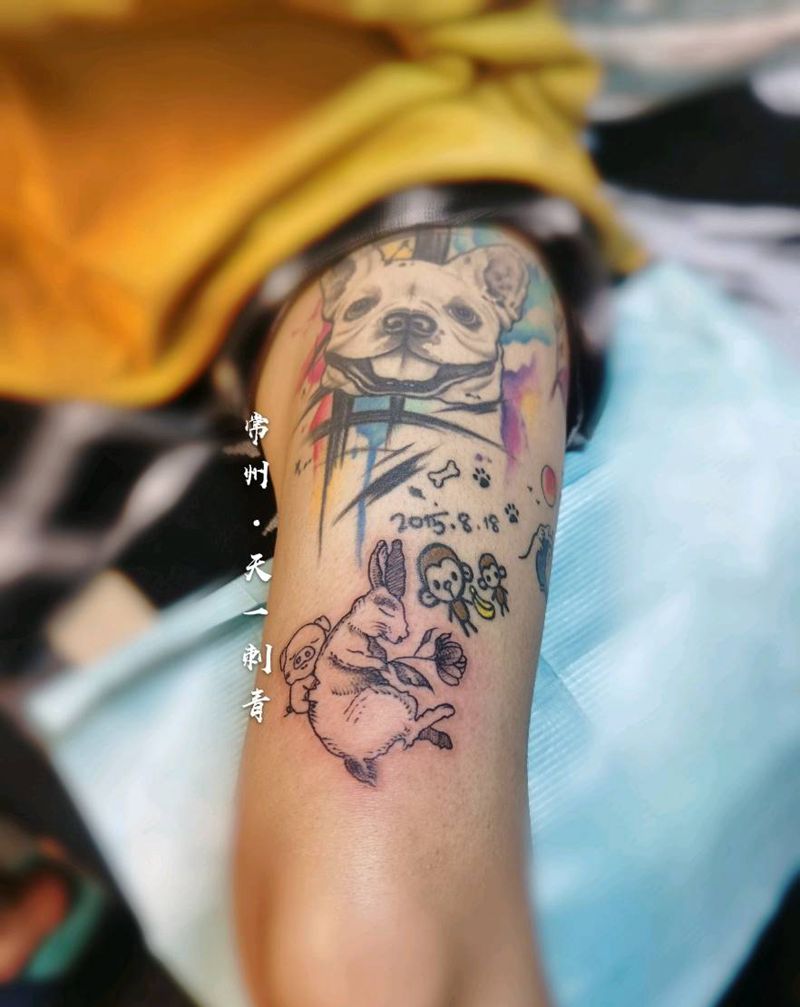 兔子背猪纹身图片_腿部点刺纹身图案