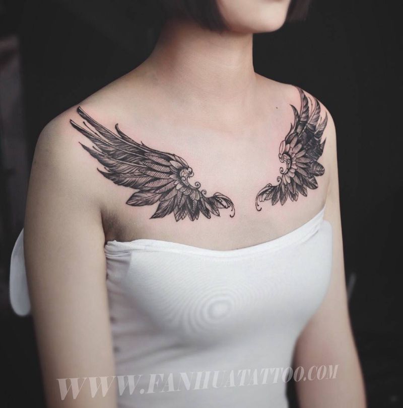 羽翼纹身图片_成品手稿胸部颈部欧美清新人物原创脖子锁骨纹身图案