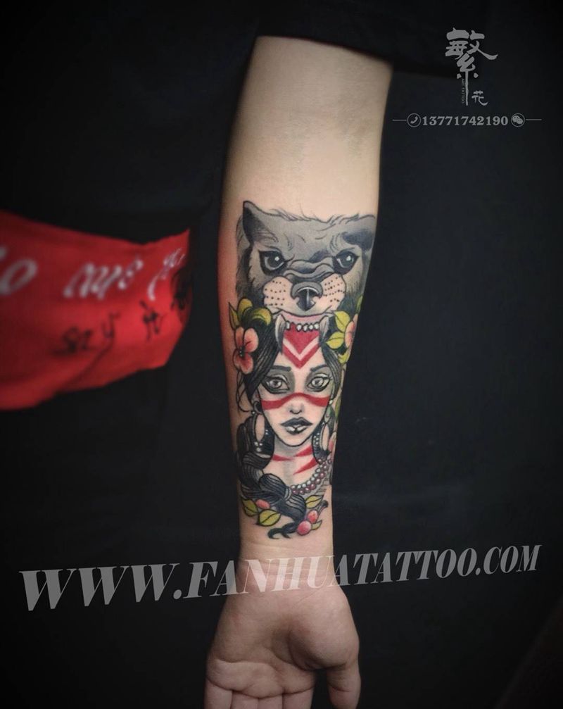 幽灵公主纹身图片_成品手稿手部手臂欧美写实人物动物原创纹身图案