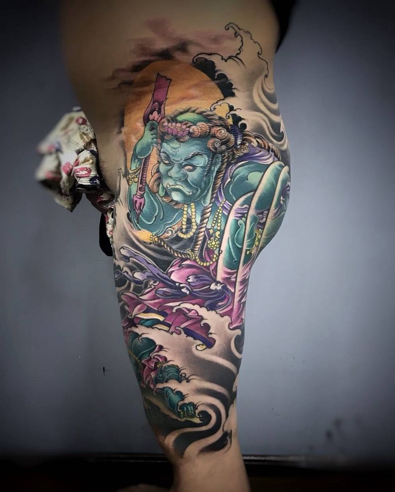 不动明王纹身图片_成品腿部传统鬼神纹身图案