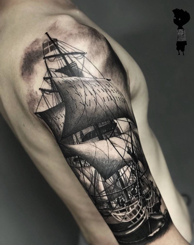 帆船纹身图片_手臂欧美写实纹身图案
