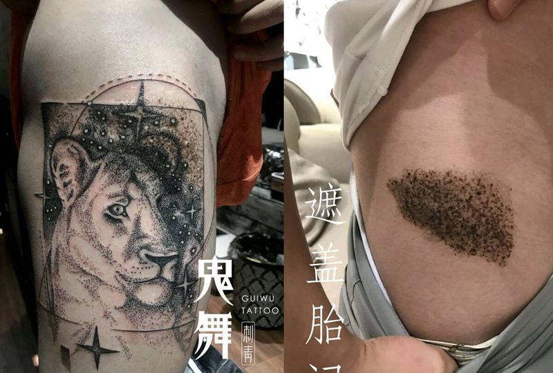 遮盖胎记纹身图片_腿部腰部几何点刺纹身图案