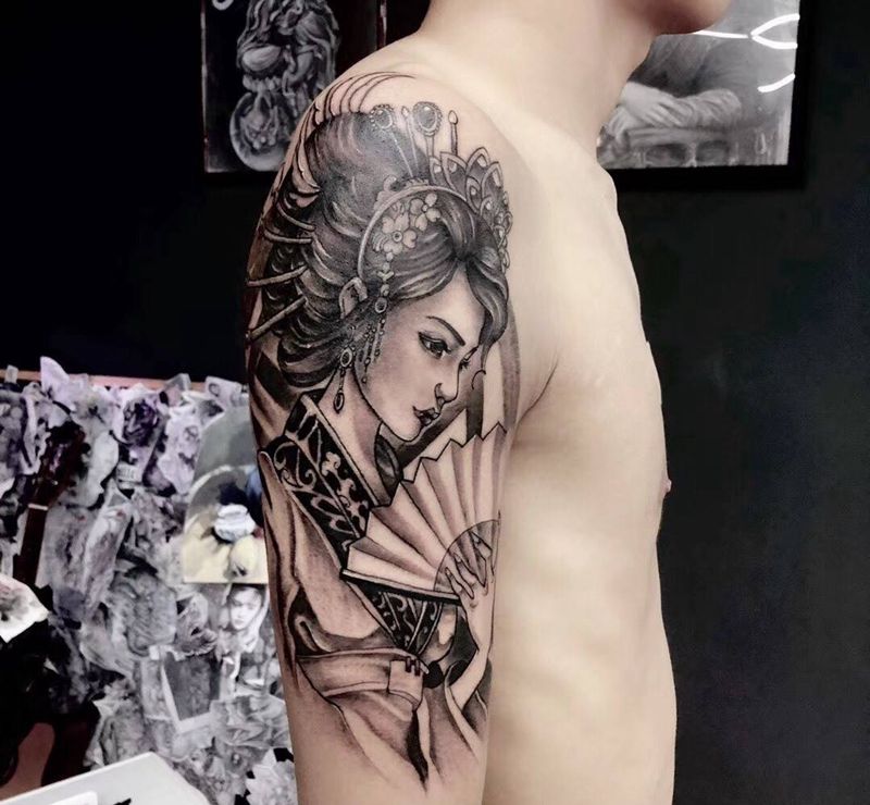 艺妓纹身图片_手臂老传统人物纹身图案