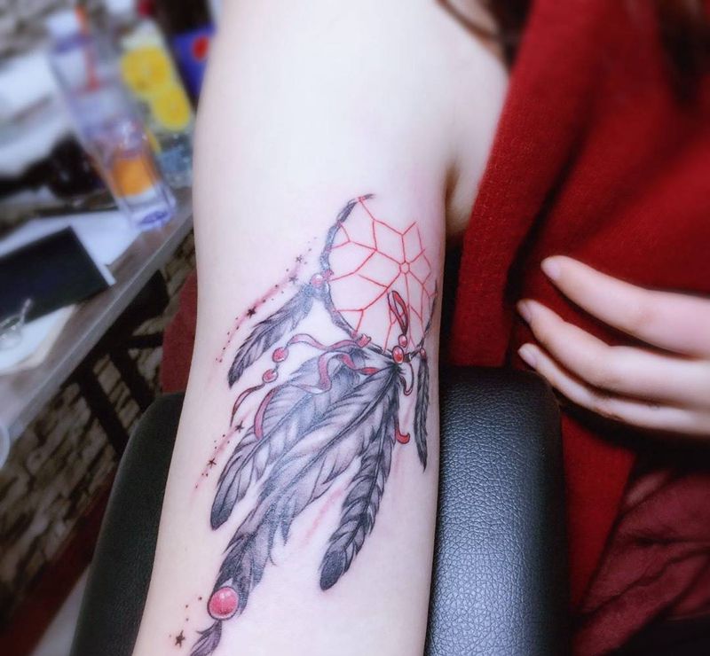 捕梦网、水彩花、羽毛遮盖纹身图片_成品肩部胸部手臂背部腰部腿部脚部清新纹身图案