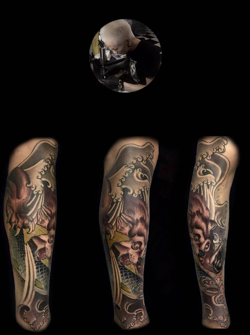 小浣熊纹身图片_腿部新传统纹身图案