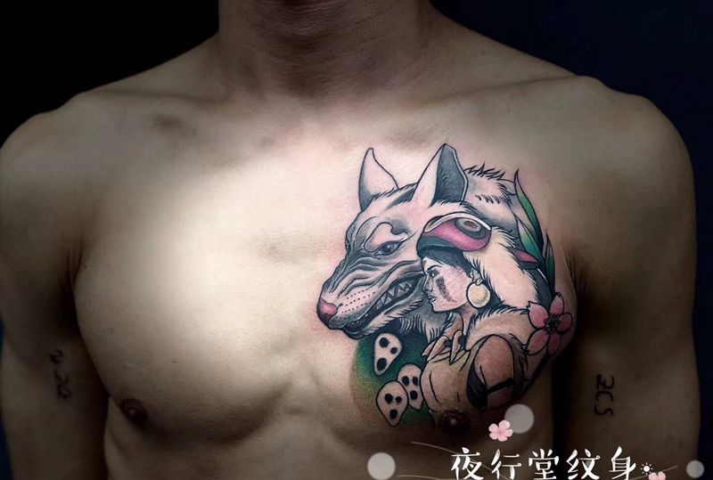 狼女纹身图片_胸部New School纹身图案