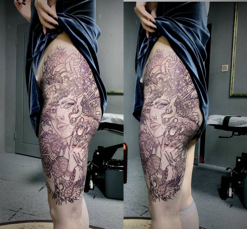 伤疤遮盖纹身图片_臀部腿部New School纹身图案