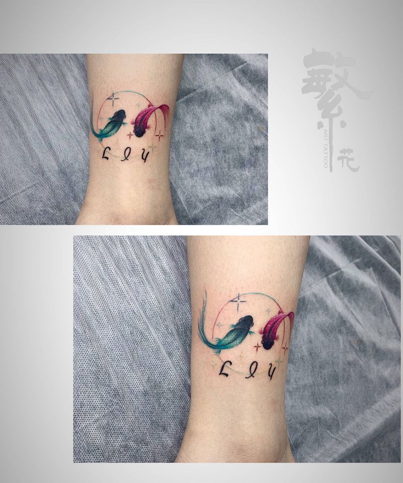 情侣纹身图片_腿部水墨鱼小清新纹身图案