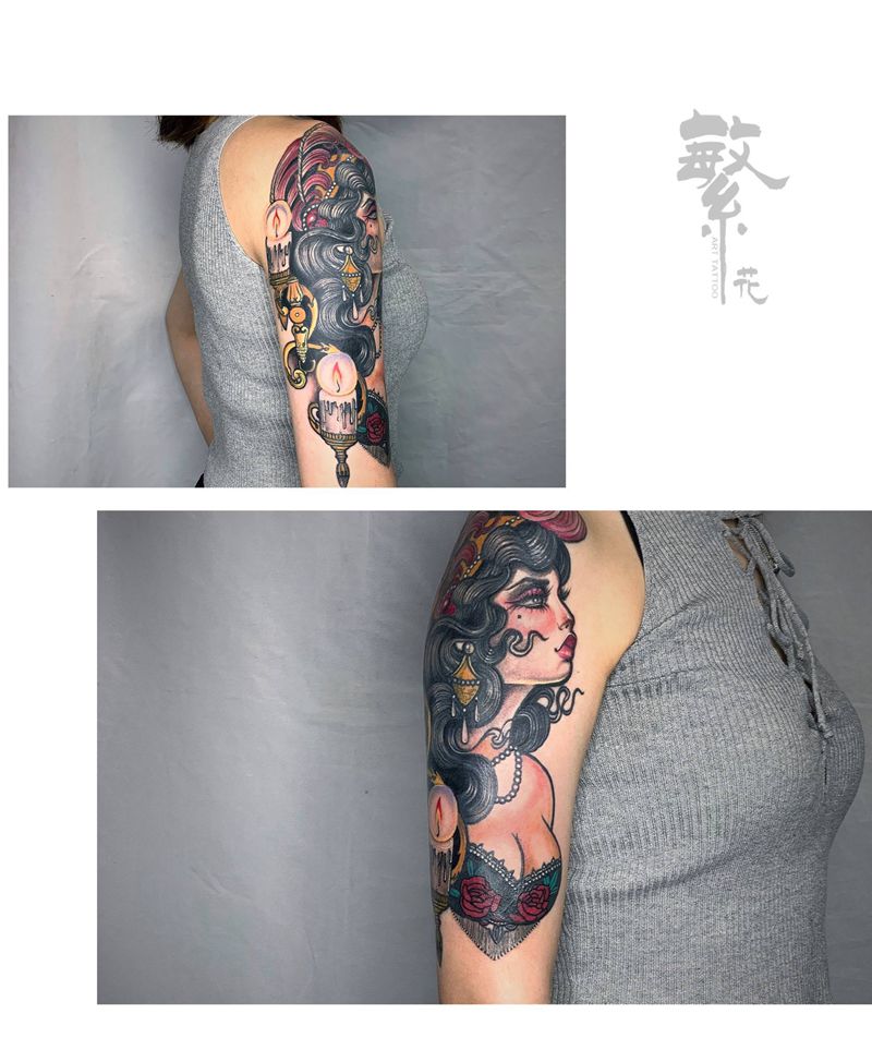 性感女郎纹身图片_手臂New School女郎大臂欧美纹身图案