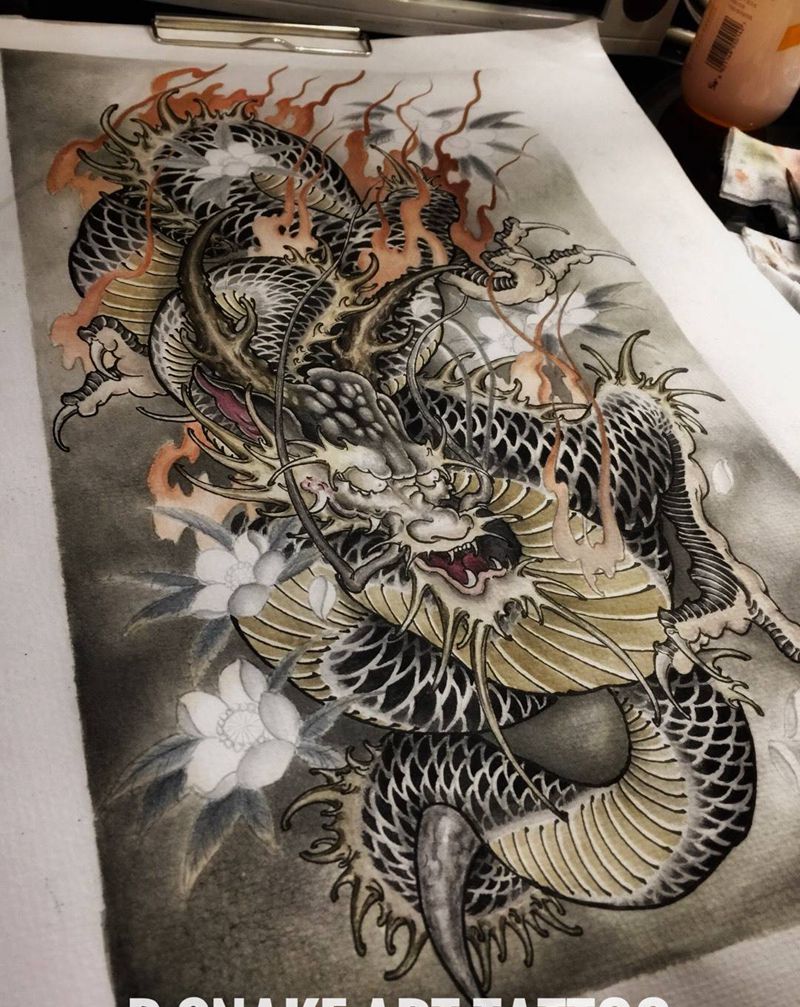 花臂龙手稿纹身图片_手稿手臂传统原创纹身图案