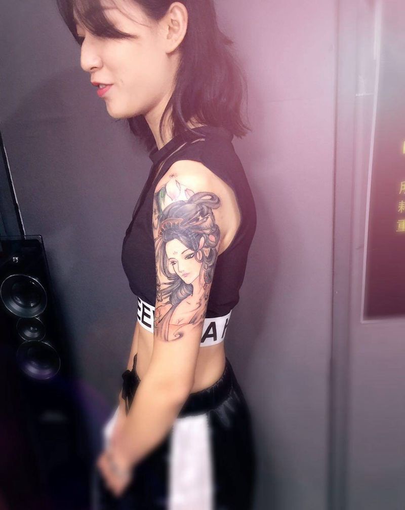艺妓遮盖纹身图片_成品手臂传统人物纹身图案