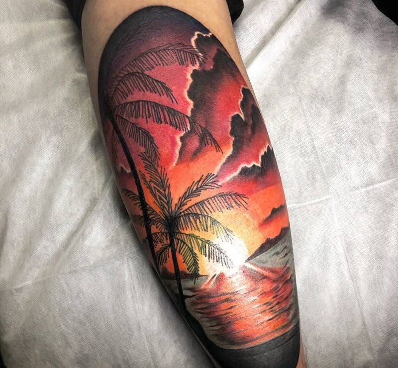 夕阳纹身图片_腿部欧美写实纹身图案