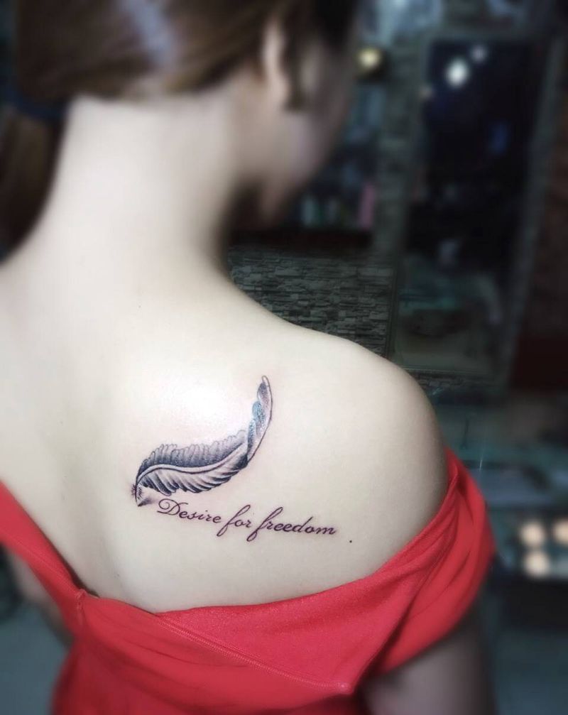 羽毛英文纹身图片_成品肩部背部腿部手臂腰部胸部清新字符静物纹身图案