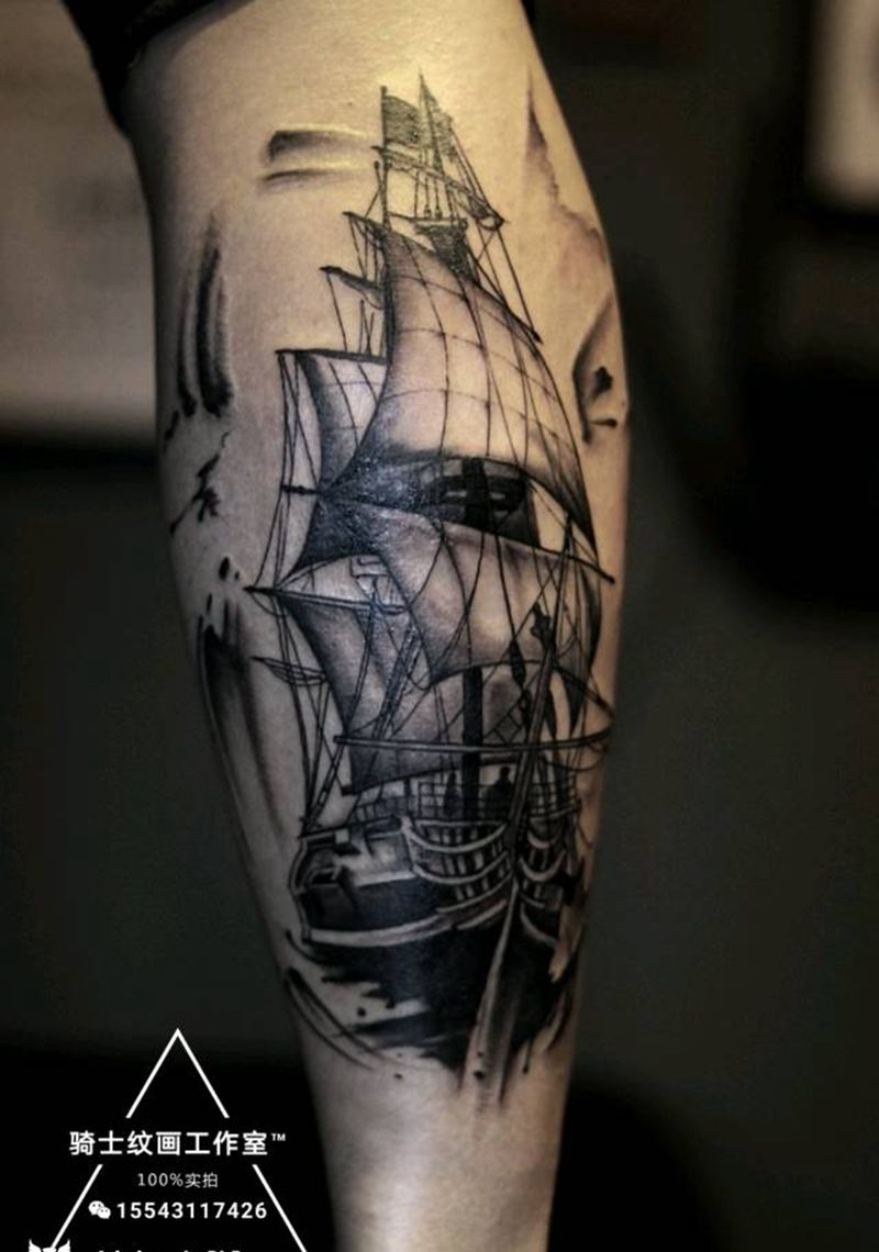 帆船 水彩纹身图片_腿部欧美写实水彩纹身图案