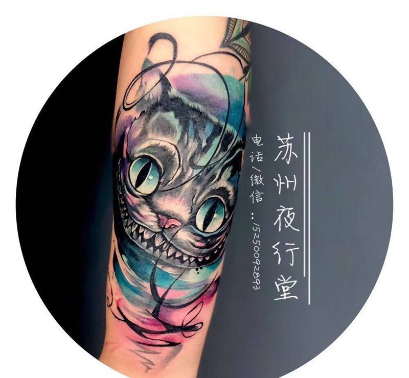 财君猫纹身图片_手臂欧美写实水彩纹身图案