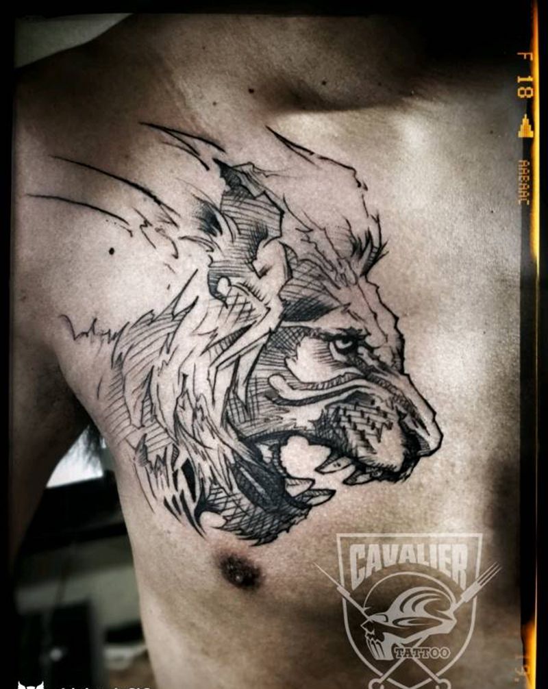 狮子纹身图片_胸部欧美动物成品纹身图案