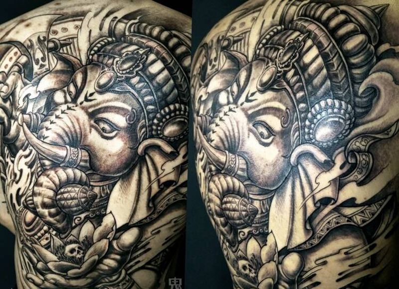 象神纹身图片_肩部背部欧美鬼神手稿纹身图案