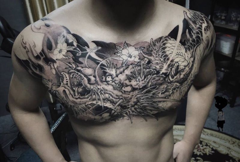 龙纹身图片_胸部新传统纹身图案