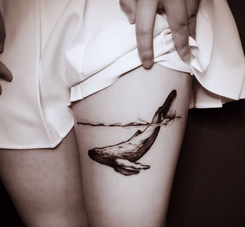 鲸鱼纹身图片_成品腿部手臂肩部背部清新欧美动物纹身图案