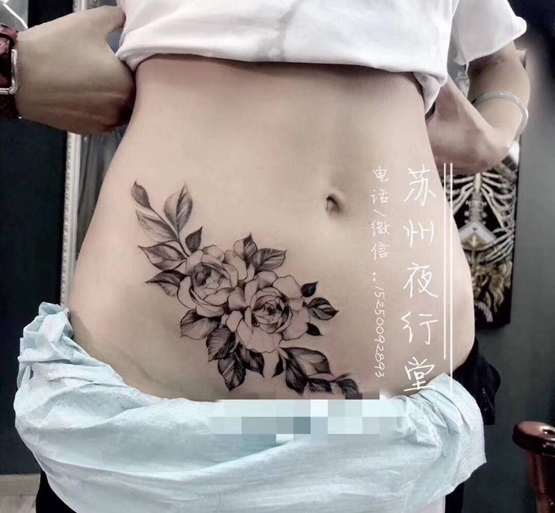 素华遮盖剖腹产疤痕纹身图片_腹部纹身图案