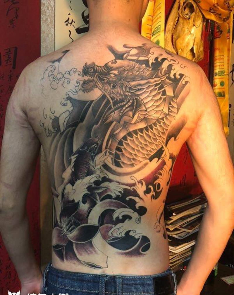 满背花臂线498起纹身图片_手臂背部新传统纹身图案