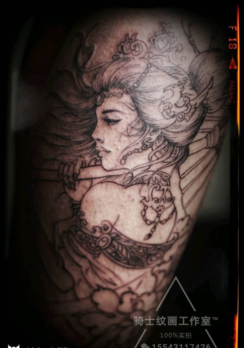 小腿艺妓纹身图片_腿部传统肖像人物原创成品纹身图案