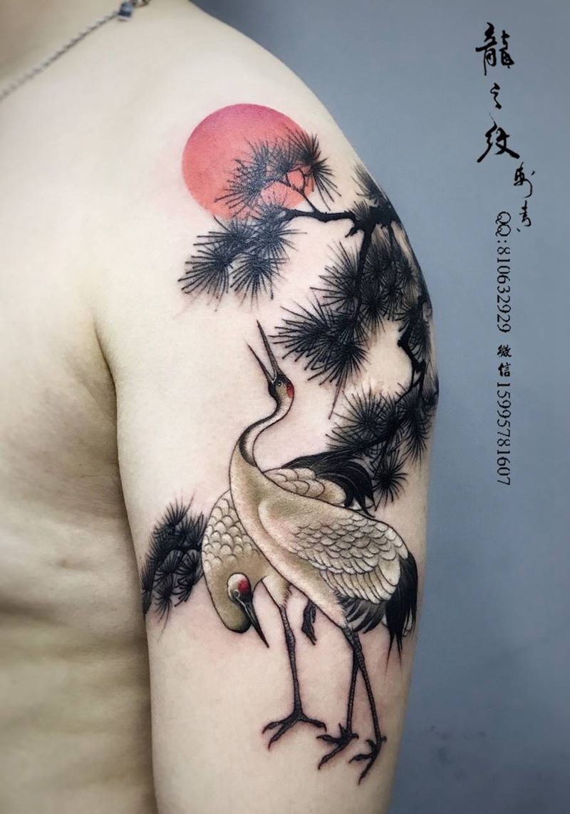 松鹤朝阳纹身图片_成品手臂国画动物植物龙之纹刺青纹身图案