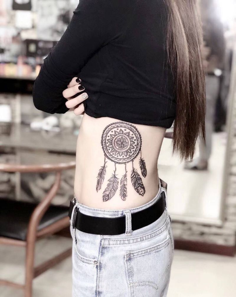 捕梦网纹身图片_成品腰部清新图腾几何纹身图案