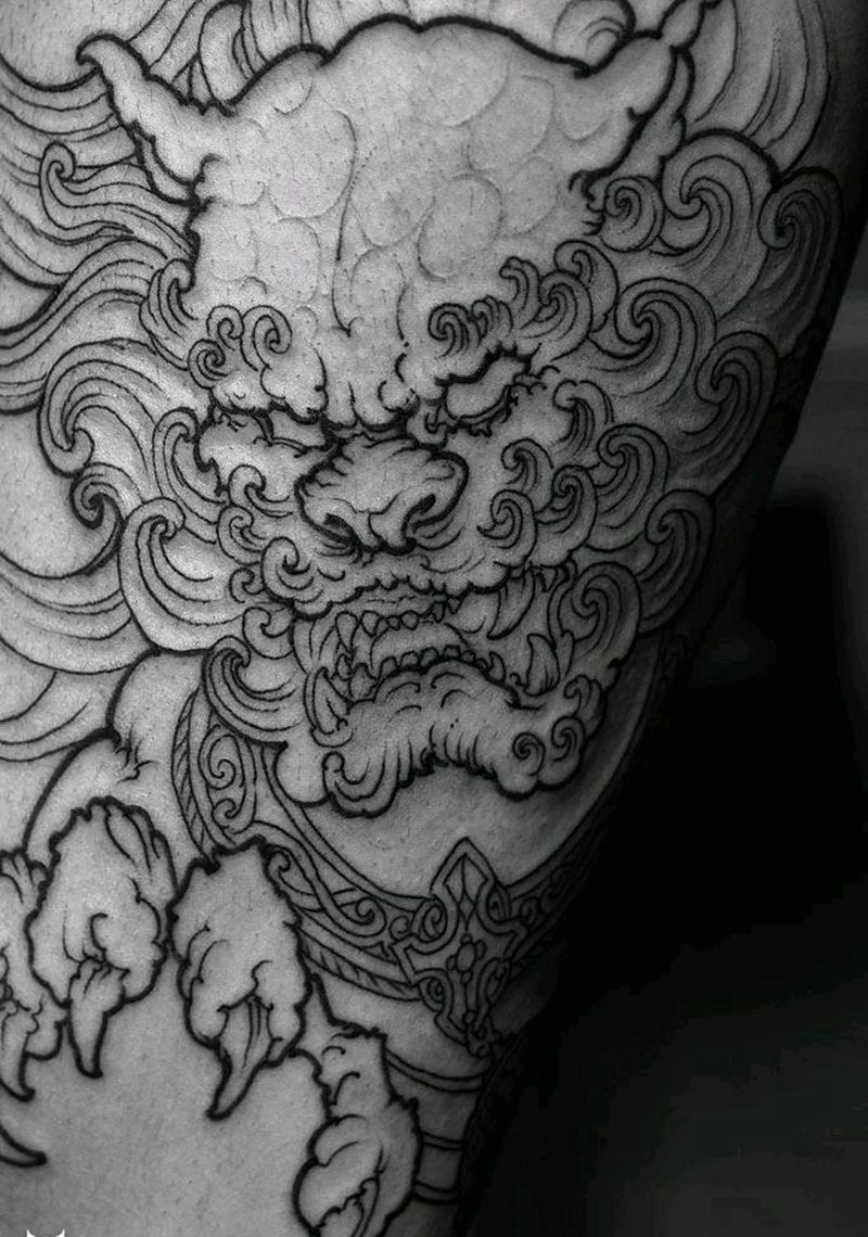 唐狮纹身图片_腿部传统动物鬼神图腾原创成品纹身图案