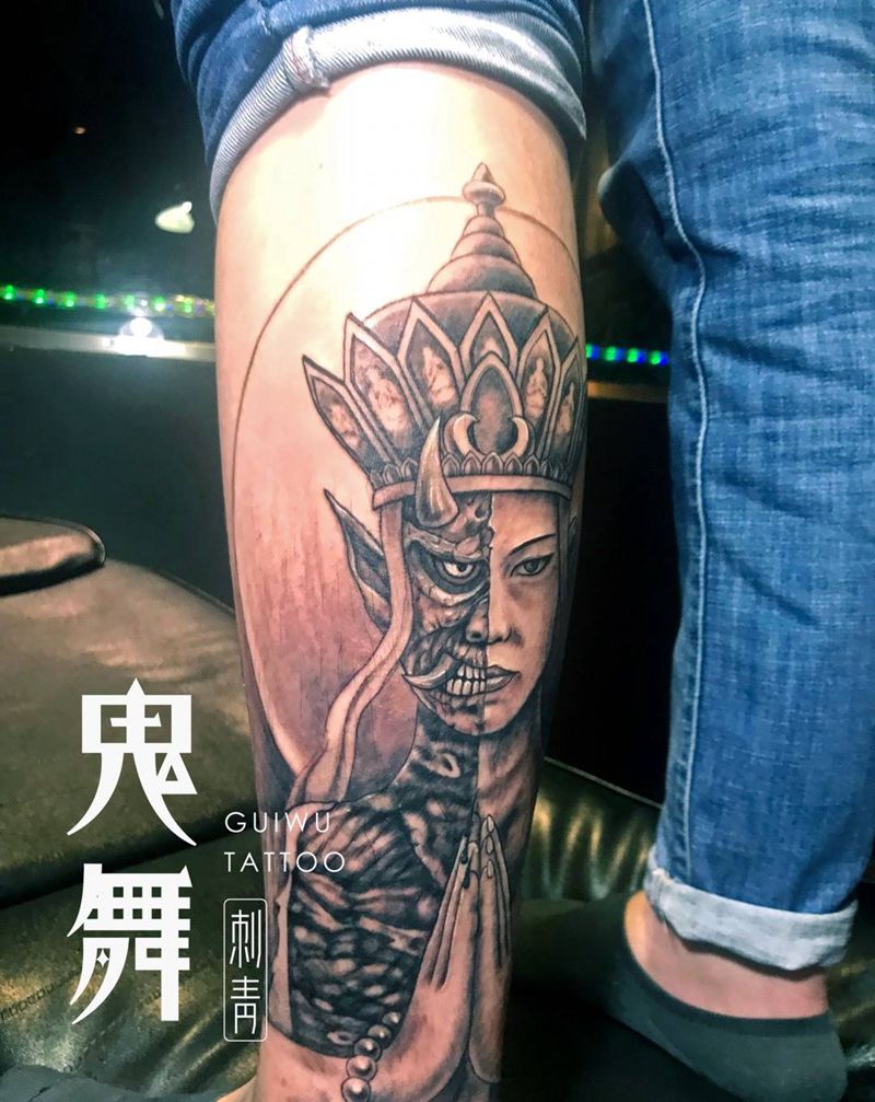 佛魔一念间纹身图片_手稿成品腿部原创人物纹身图案