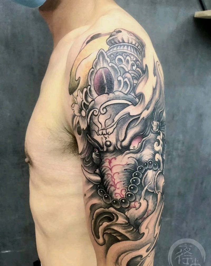 象神纹身图片_手臂新传统纹身图案