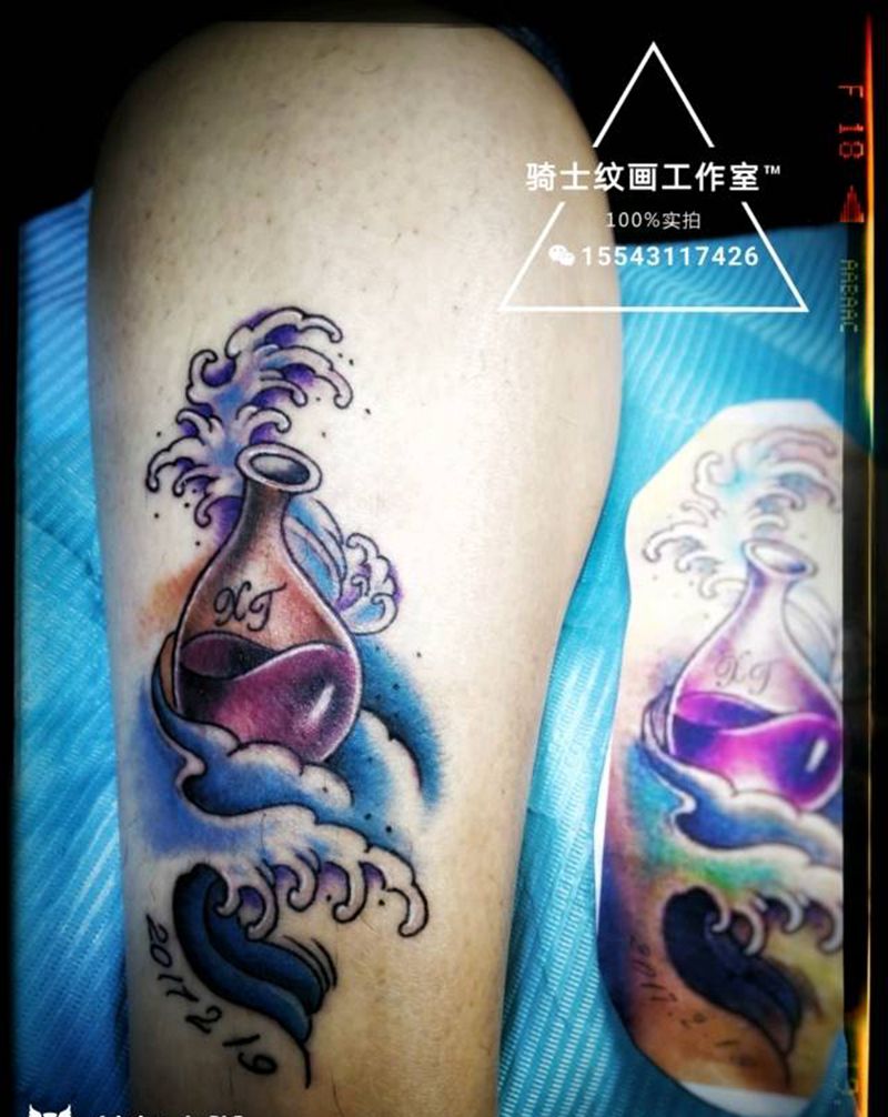 水瓶座纹身图片_腿部欧美清新字符静物图腾宗教成品手稿纹身图案