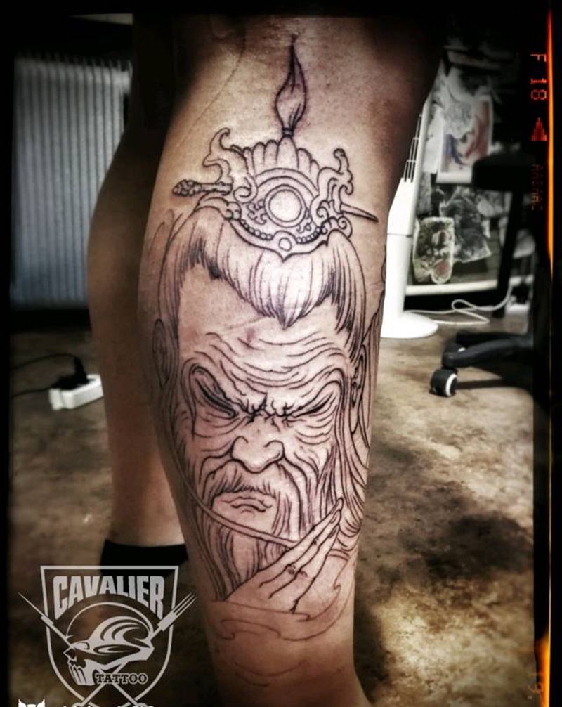 老姜纹身图片_腿部传统肖像人物鬼神成品纹身图案