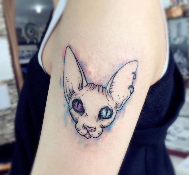 斯芬克斯猫纹身图片_成品手臂肩部腿部背部欧美清新动物胸部颈部纹身图案