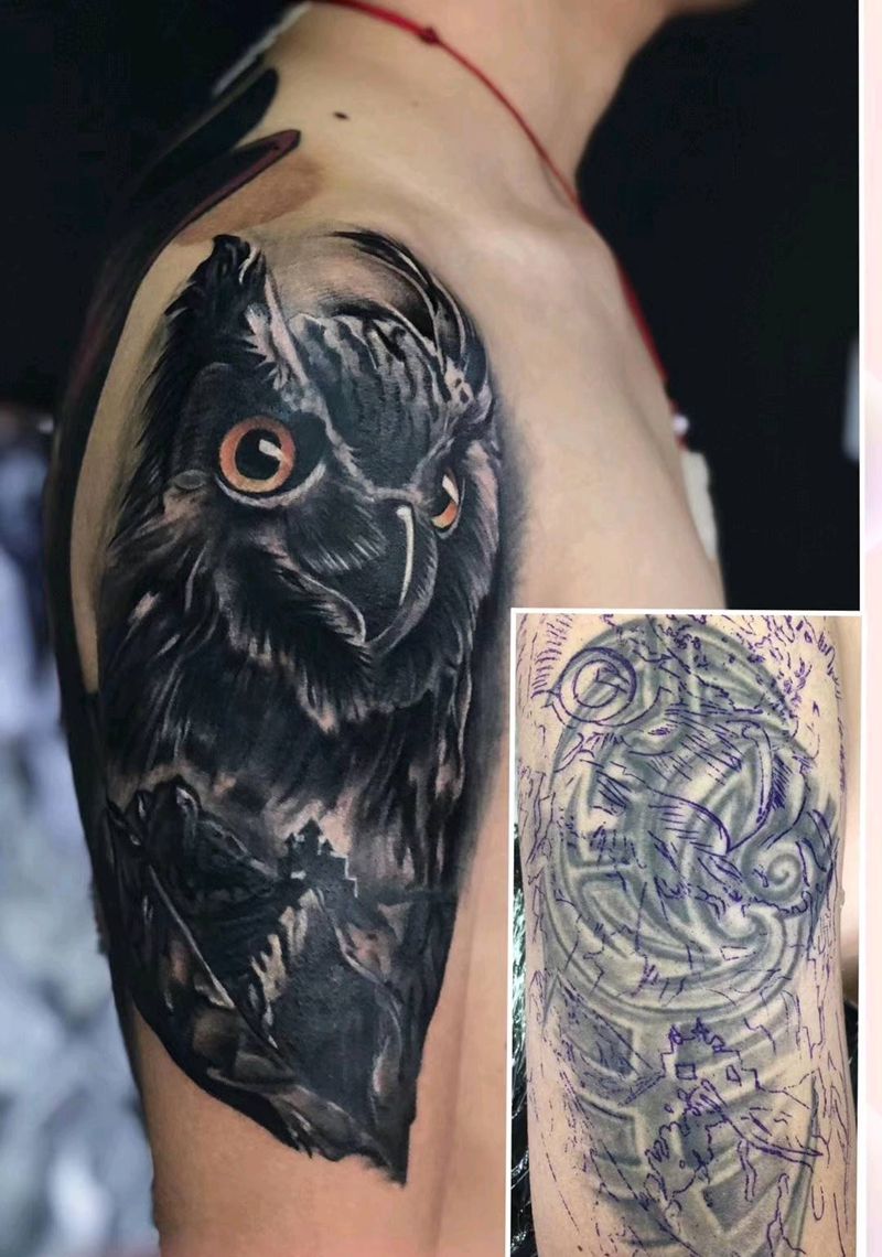 猫头鹰遮盖作品纹身图片_欧美写实纹身图案