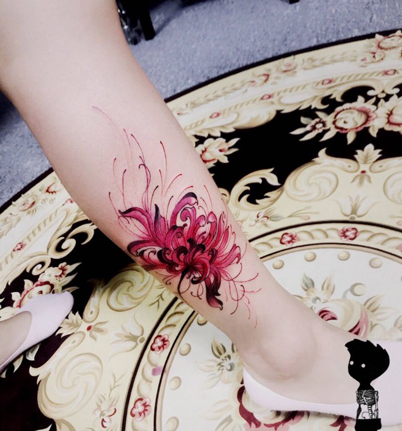 彼岸花纹身图片_成品脚部国画植物纹身图案