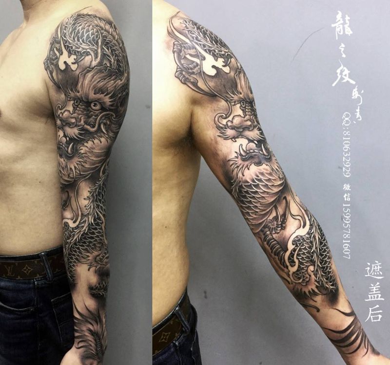 花臂龙纹身图片_成品手臂传统原创龙之纹刺青纹身图案