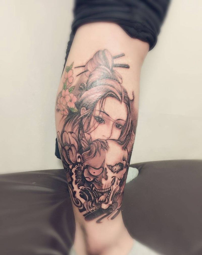 艺妓般若纹身图片_成品手臂腿部背部肩部传统肖像人物植物鬼神纹身图案