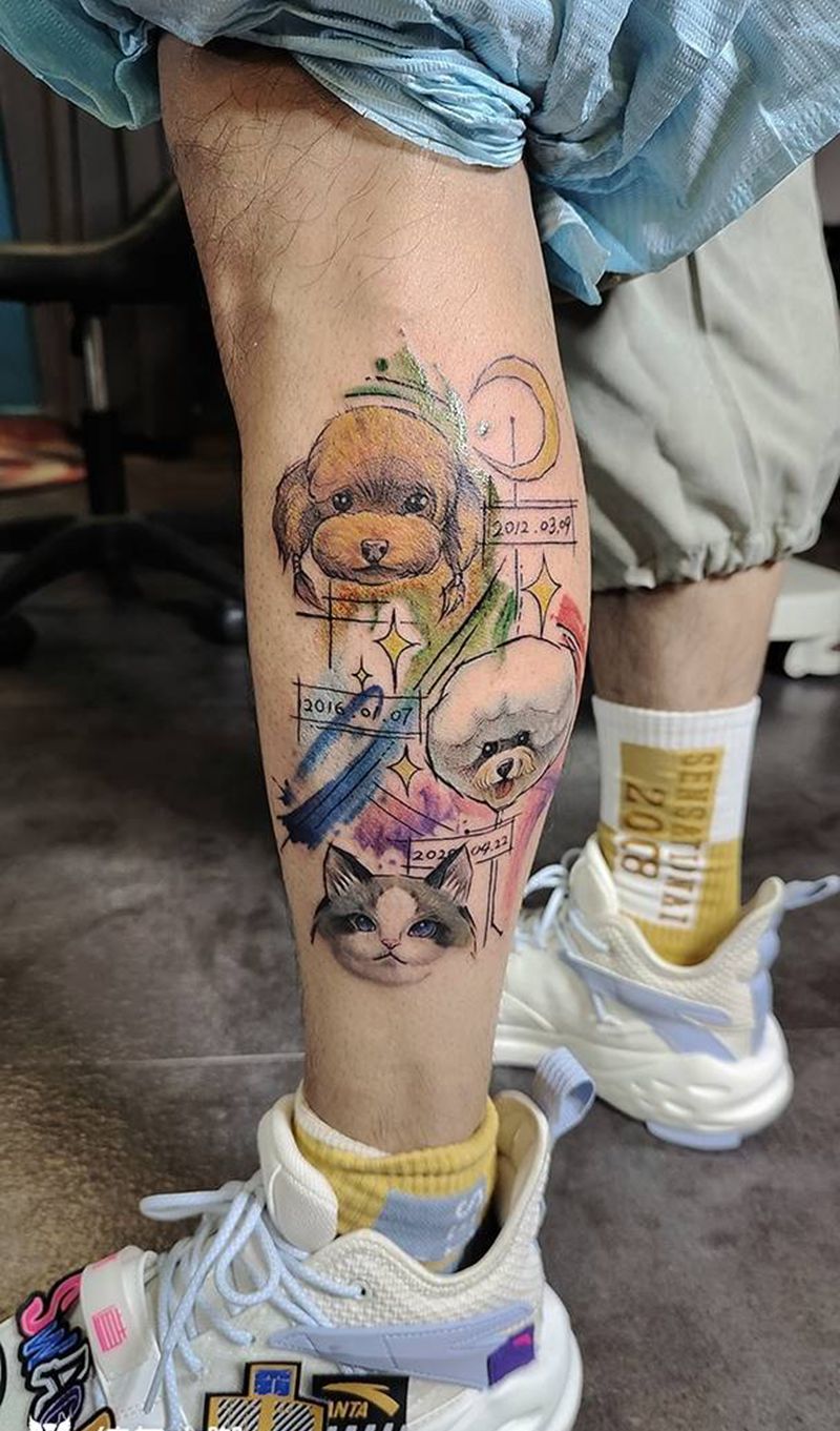 水彩宠物纹身图片_腿部水彩New School纹身图案