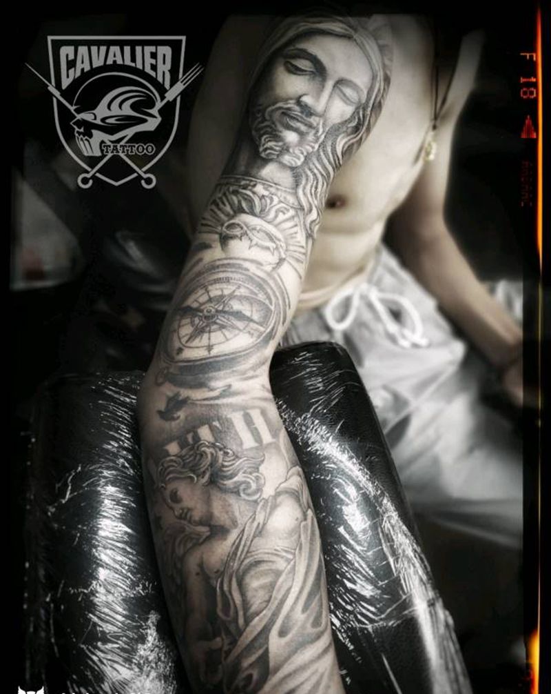 耶稣&天使花臂纹身图片_手臂欧美肖像写实人物宗教原创成品纹身图案