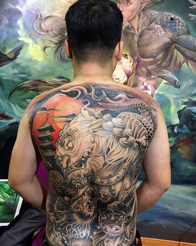 唐狮（遮盖）纹身图片_背部传统动物原创成品纹身图案