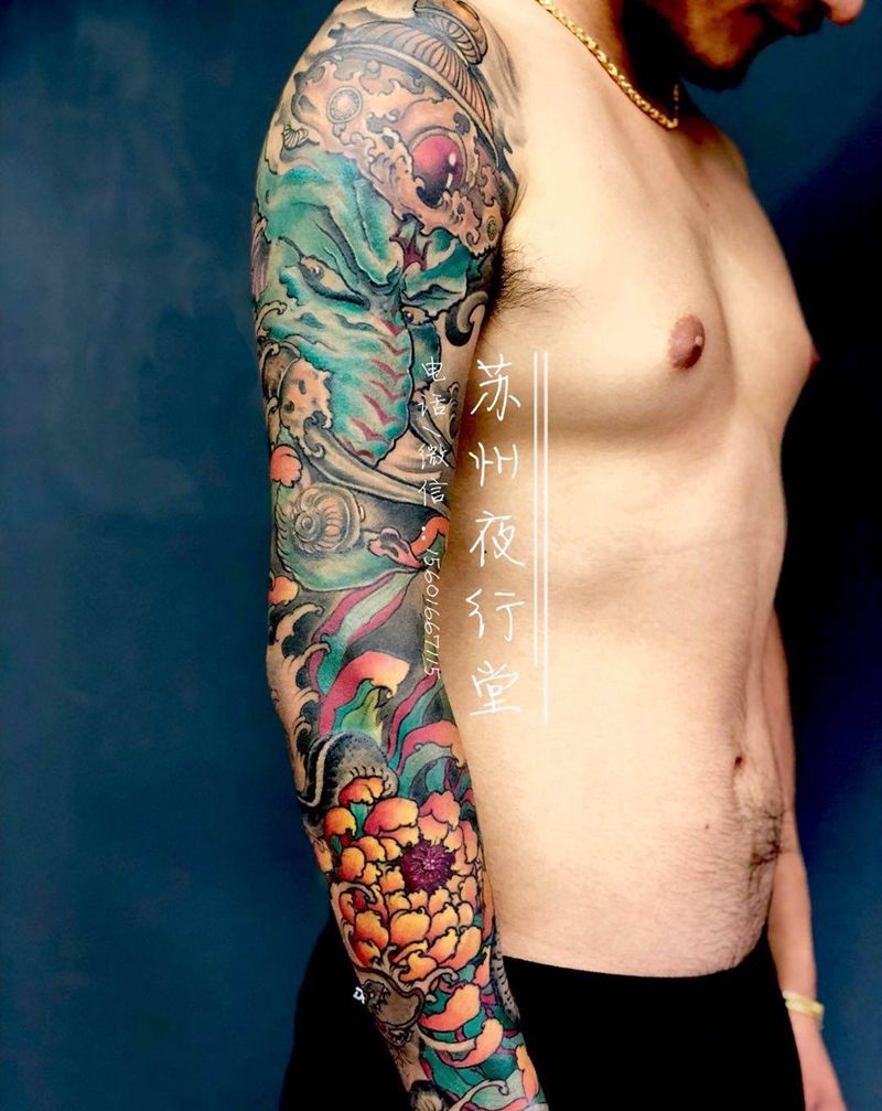 象神系列花臂纹身图片_成品手臂腿部传统动物植物花臂鬼神纹身图案