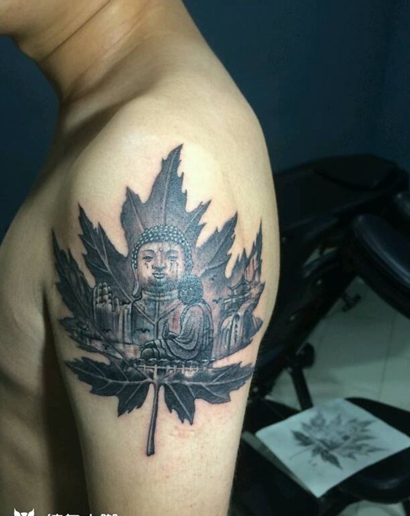 遮盖～一花一世界，一叶一如来纹身图片_手臂传统人物原创纹身图案