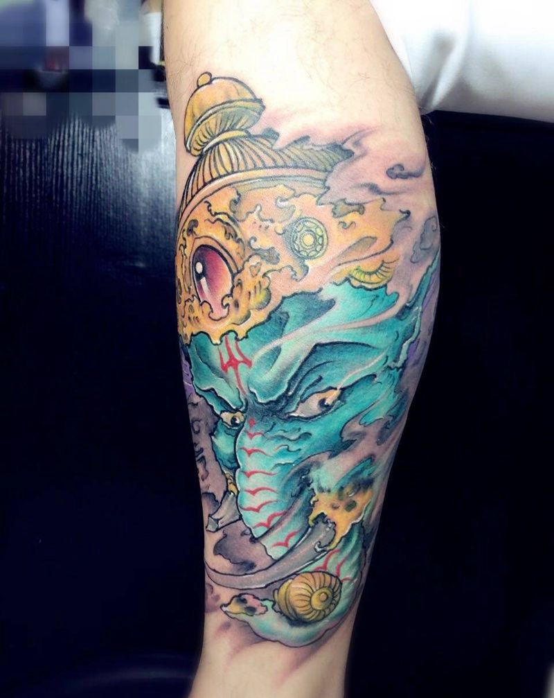 象神纹身图片_腿部手臂肩部背部传统清新动物鬼神纹身图案