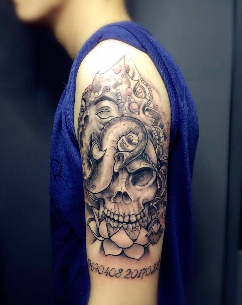 象神骷髅纹身图片_成品肩部手臂腿部背部欧美鬼神字符传统纹身图案