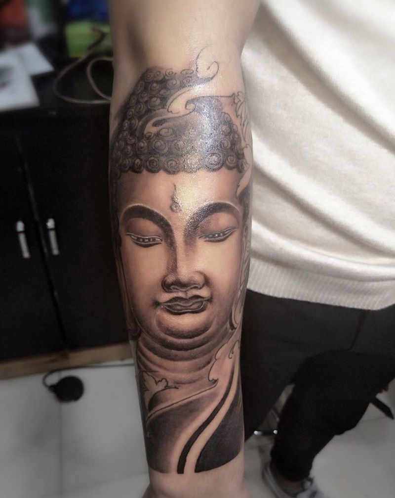 佛头下次继续纹身图片_成品腿部背部手臂传统人物宗教纹身图案