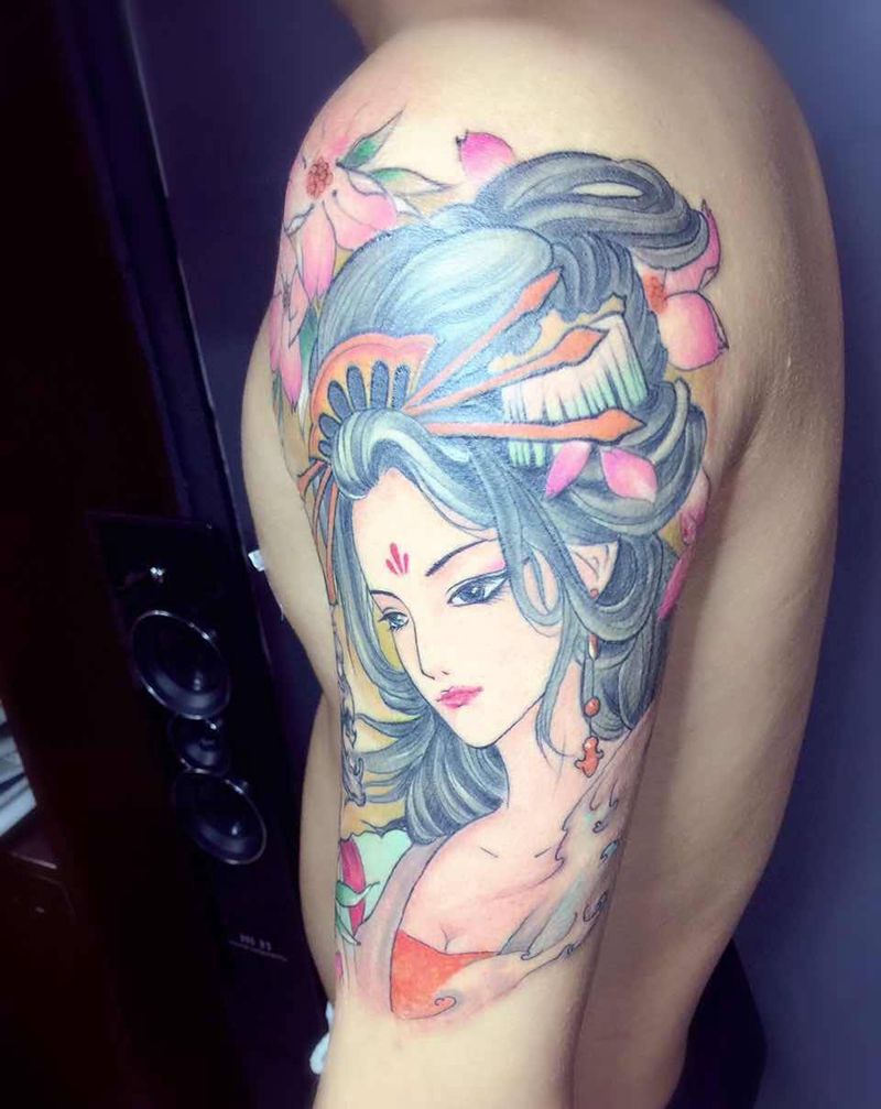 仕女纹身图片_成品肩部手臂腿部背部传统肖像人物鬼神纹身图案